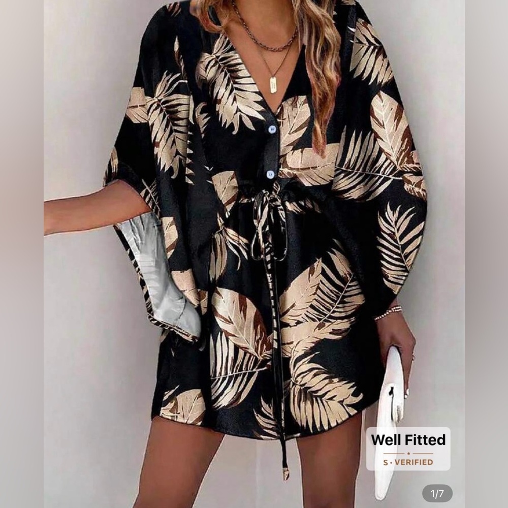 Black and Beige Leaf Print Dress